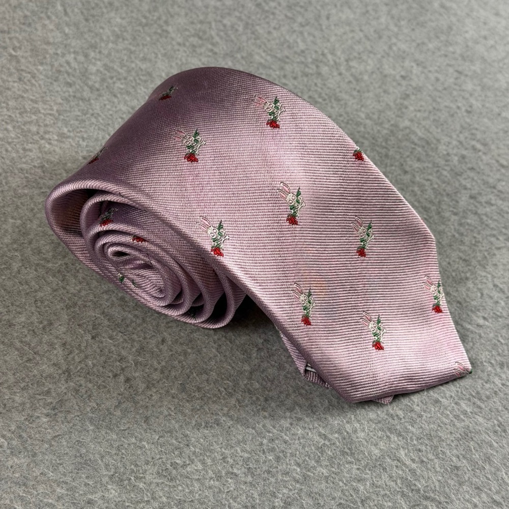 Psycho Bunny Robert Godley Silk Tie Lavender Bunny Skull Rose Embroidery 58x3.25